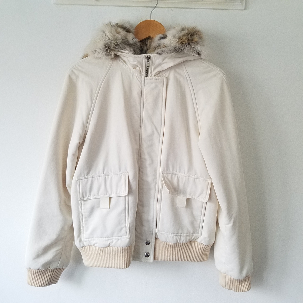 Theory Melanie B Rabit Fur Cream Hooded Bomber Jacket Size Large